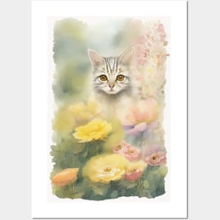 Striped Cat in the Flower Garden Soft Pastel Colors Posters and Art